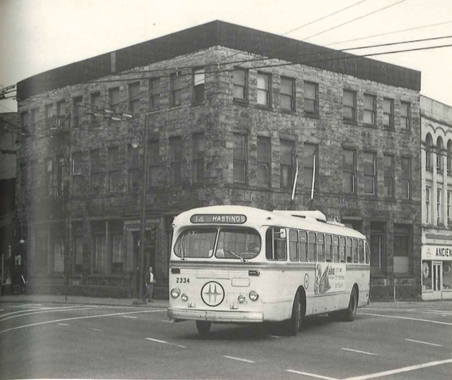 A Brill trolleybus with the BC Hydro colours, operating as the Hastings 14 in 1967
