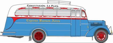 1935 El dibujo de Aníbal Trasmonte muestra un microómnibus Fargo, carrozado por Agosti con el color azul claro que se puede identificar en la fotografía de 1935