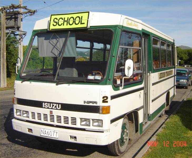 Seddon Transport's only bus an ex-Department of Education Isuzu NPR596