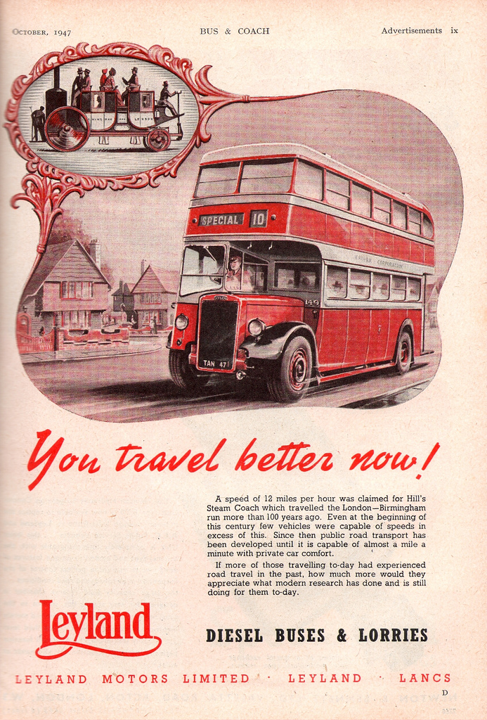 1947 Leyland Motors bus advert - You travel better now!