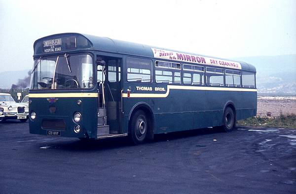 1964 AEC Reliance 128WNY of Thomas Bros., Port Talbot, seen in the original blue-green livery, was one of three with Marshall B53F bodies