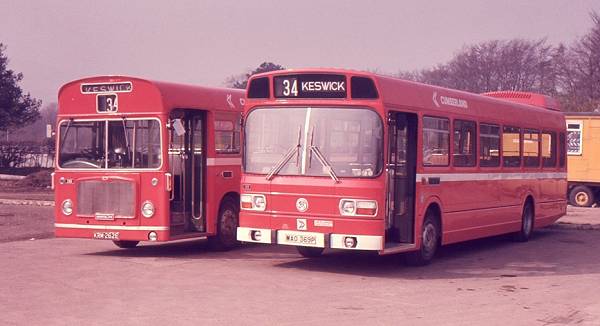 1967 Cumberland Motor Services 256, KRM262E, a Bristol RELL6L with ECW B53F body, and 369, MAO369P, a new 52 seat Leyland National