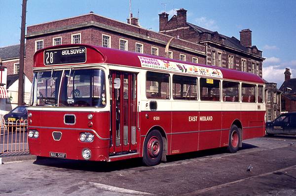 1971 East Midland O501, NAL501F, a Marshall B45F bodied AEC Swift seen in Chesterfield.