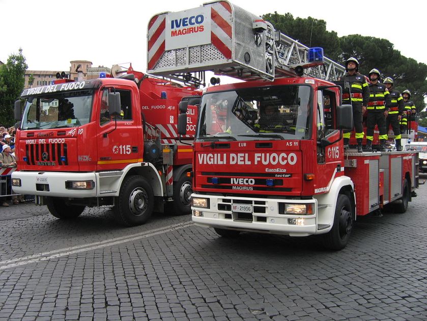 Italian Fire Service vehicles with an Astra crane on the left and a Magirus turntable ladder on the right, Army Parade in Rome, 2 June 2006.