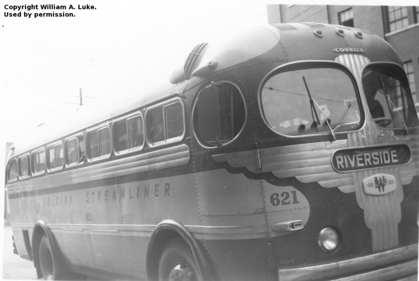 Riverbend Bus Line 1, an MCI coach, waits at the Winnipeg bus depot to depart south for a 28 km run to St. Adolphe, circa 1947