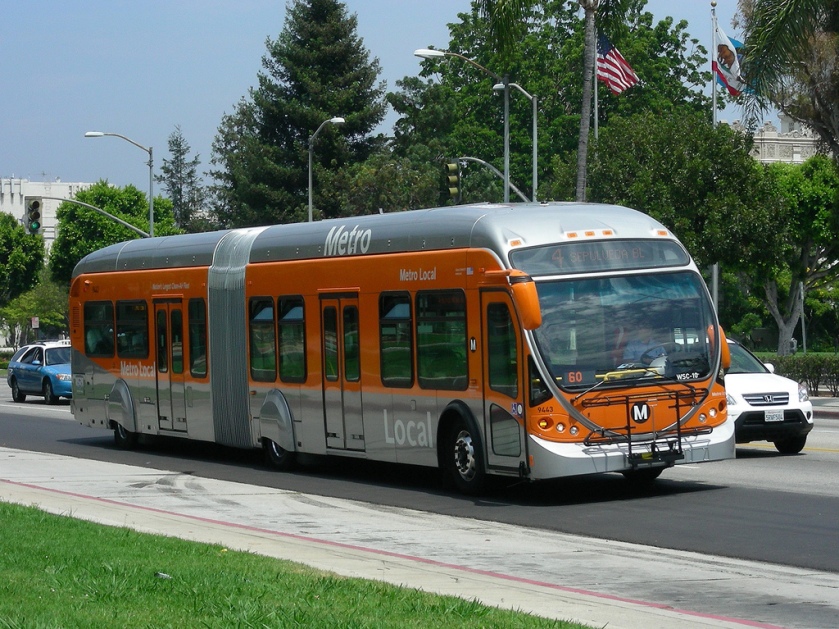 NABI articulated natural gas-powered bus on LA Metro's Line 4 on Santa Monica Blvd. in Beverly Hills