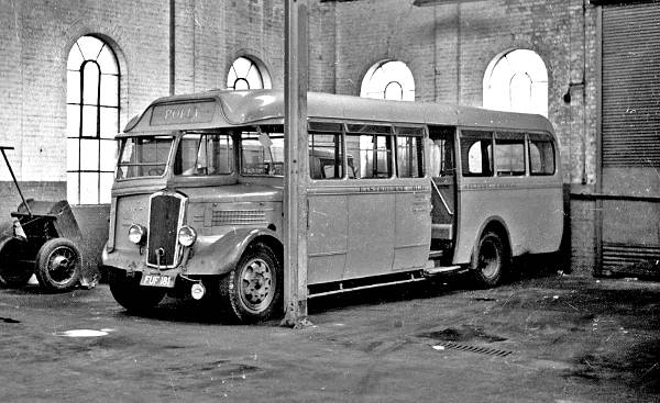 1939 Dennis single decker Polly,and is parked in the Eastbourne garage. It was one of a pair of Dennis Falcons with Harrington B30C bodywork