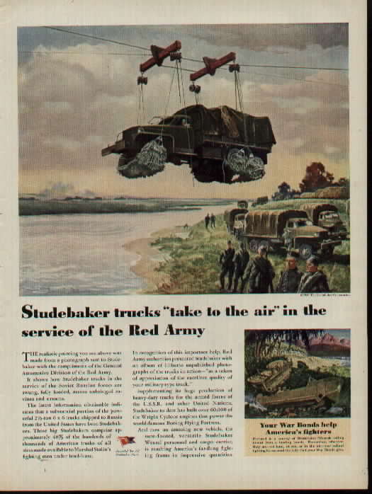 1945 Studebaker AD, Red Army flies Studebaker Trucks over river