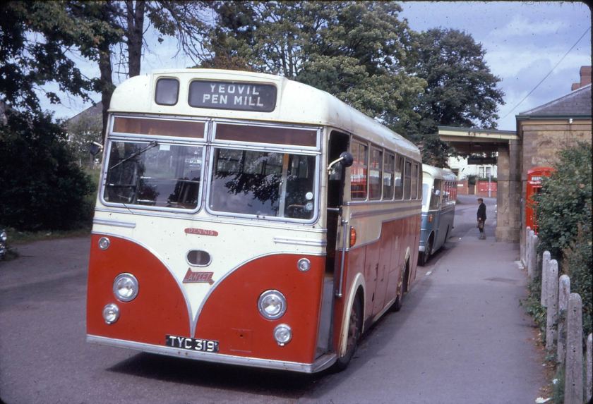 1963 Hutchings & Cornelius Strachans bodied Dennis Lancet TYC 319 lays over after running in from its South Petherton home while CYC 669C, a Bedford SB5-Strachans