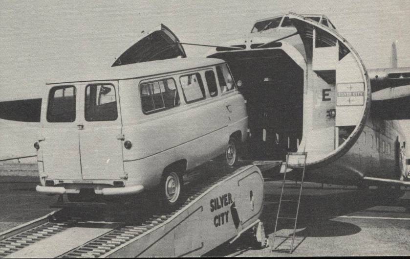 Ford 400 E minibus 12 seater, 6 aside 'head banger' special, drives into a Silver City Bristol freighter  Kenex 12 seater crew bus