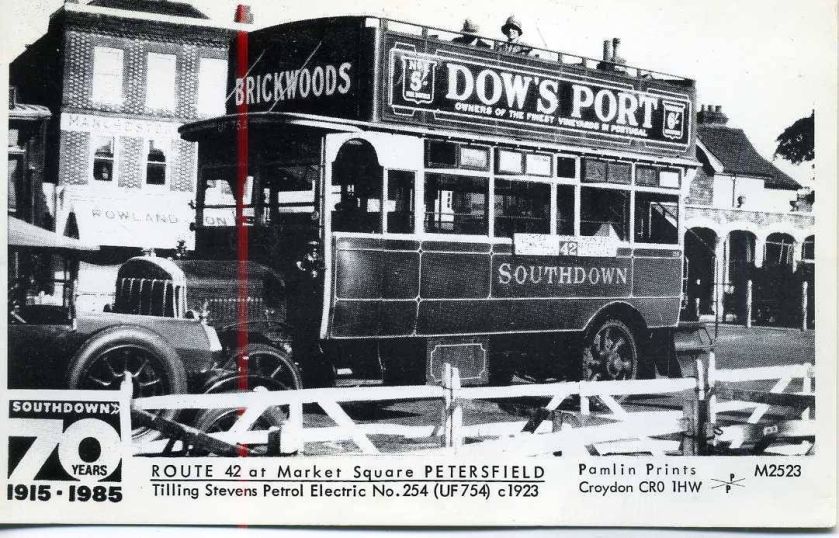 1923 Pamlin postcard M2523 Southdown Tilling Stevens bus Market Square Petersfield