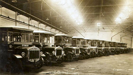 1925 Tilling Stevens fleet in depot, 1925