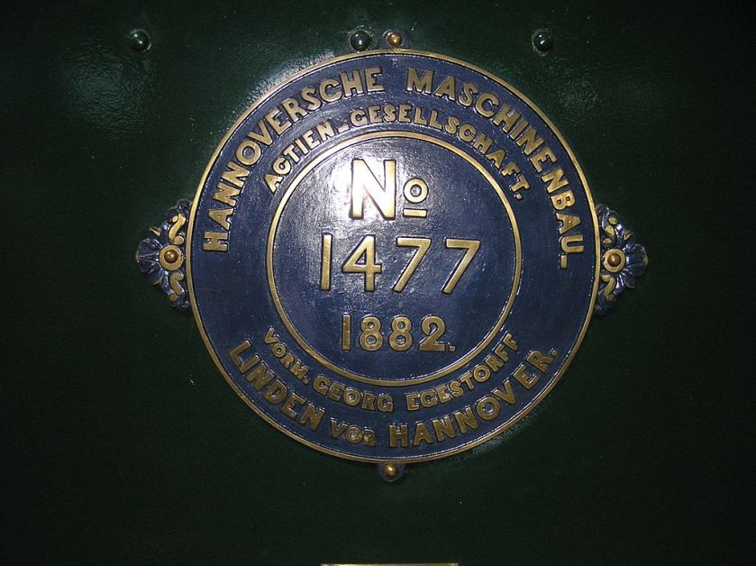 1882 Builder's Plate of Hannoversche Maschinenbau locomotive No 1477 of 1882 0-6-0 at the Finnish Railway Museum