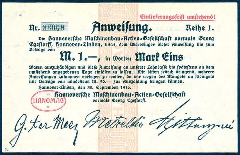 1916-09-30 Anweisung Reihe1 Nr.33008 Hannoversche Maschinenbau-Actien-Gesellschaft Hanomag Mark 1 Gustav ter Meer Erich Metzeltin