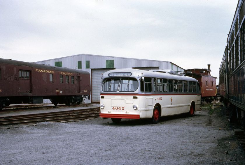 1947 Montreal_CCF-Brill_trolleybus_4042_at_the_Canadian_Railway_Museum_in_1971