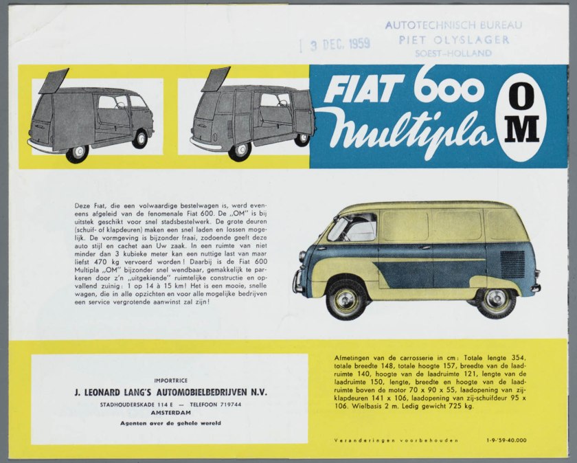 1956 FIAT 600 Multipla OM Bestel Brochure