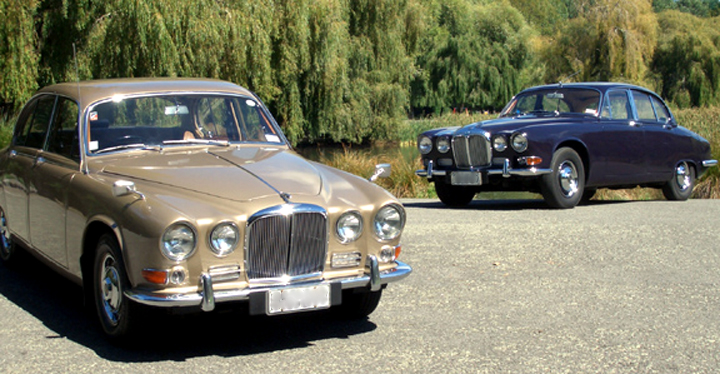 1968 Jaguar 420 (gold) and 1967 Daimler Sovereign (blue)