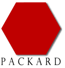 Dark red hexagon (generic shape and color), lettering, Perpetua Titling MT, spelling Packard.