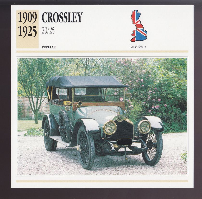 1909-1925 Crossley 20-25 British Car Photo Spec Sheet Info ATLAS CARD