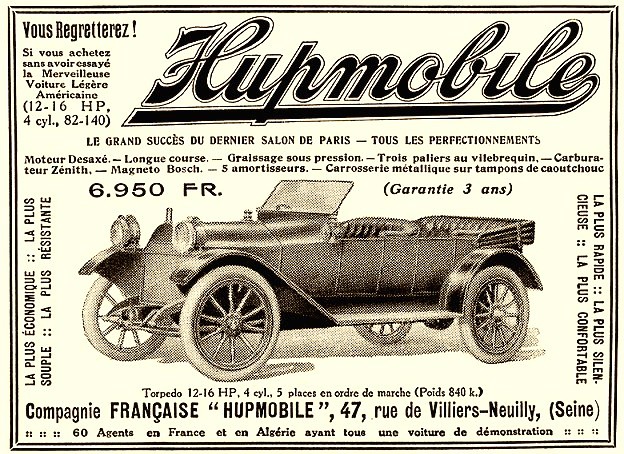 1913 Hupmobile Torpedo 12-16 hp decapotable - Publicite Automobile de 1913