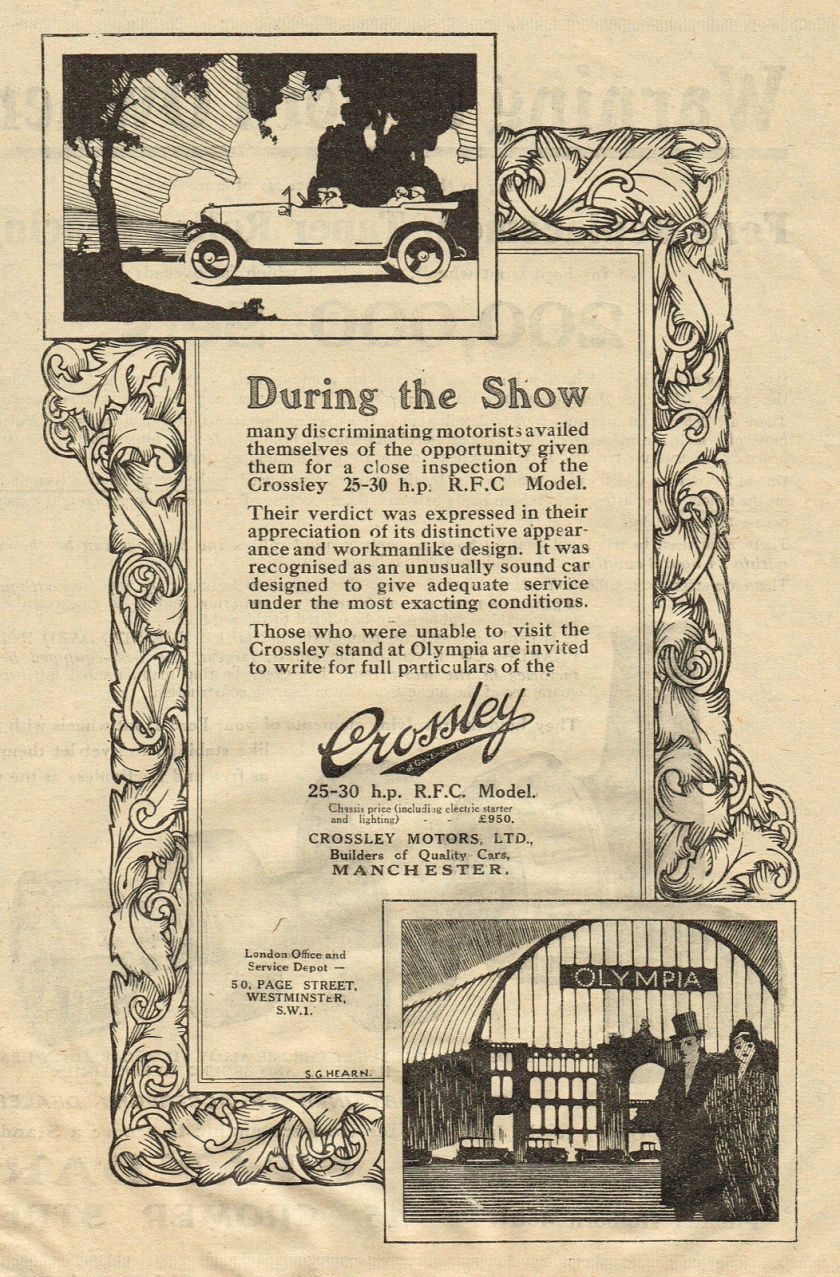 1919 Original Vintage CROSSLEY rfc R.F.C Automobile CAR S. G. Hearn Art Print AD