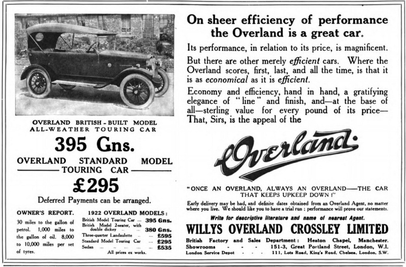 1922 Willys Overland Crossley ad