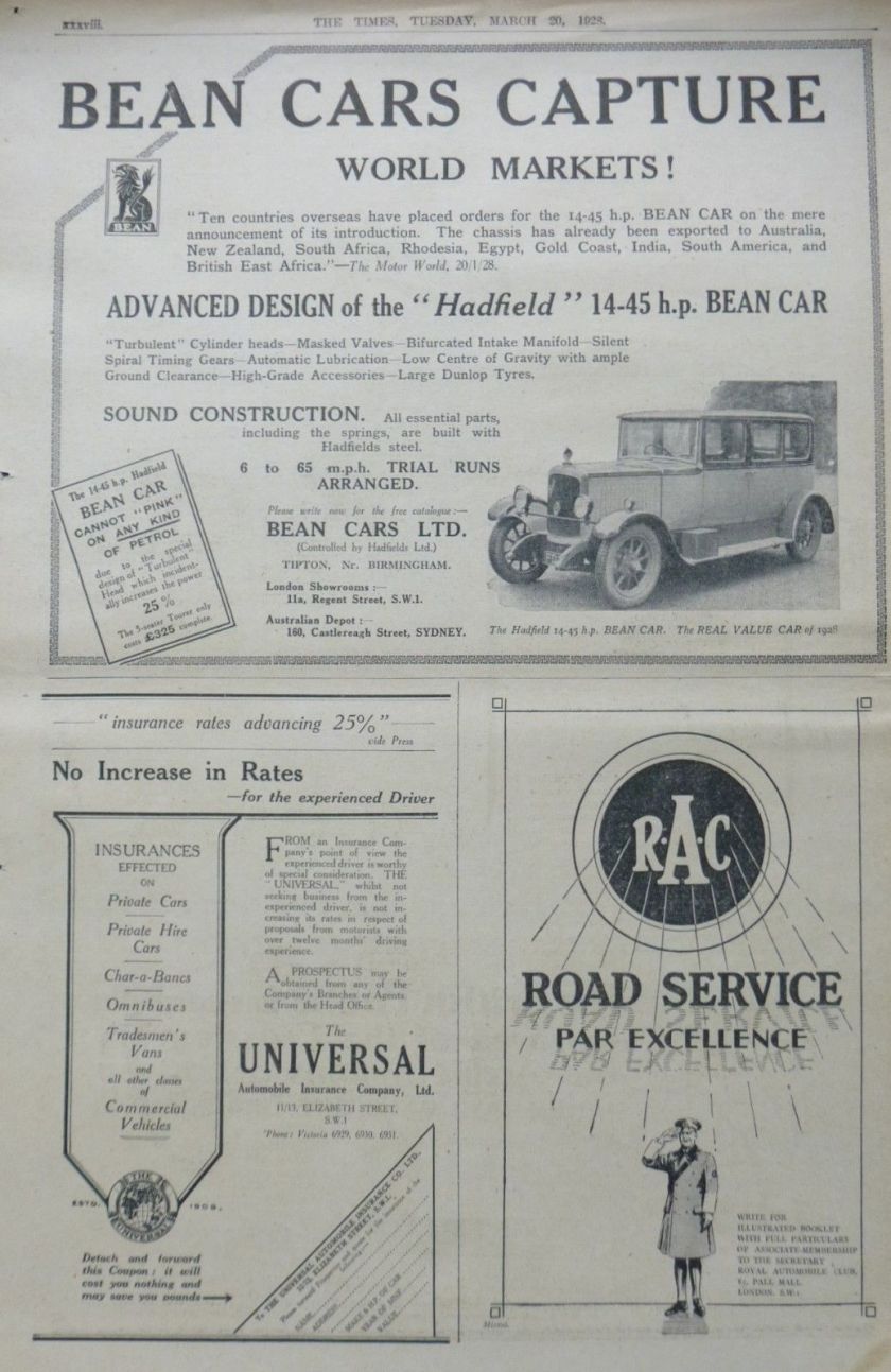 1928 March - CROSSLEY - BEAN - R.A.C. -SIMONS BRITISH MOTOR CAR LONDON TIMES