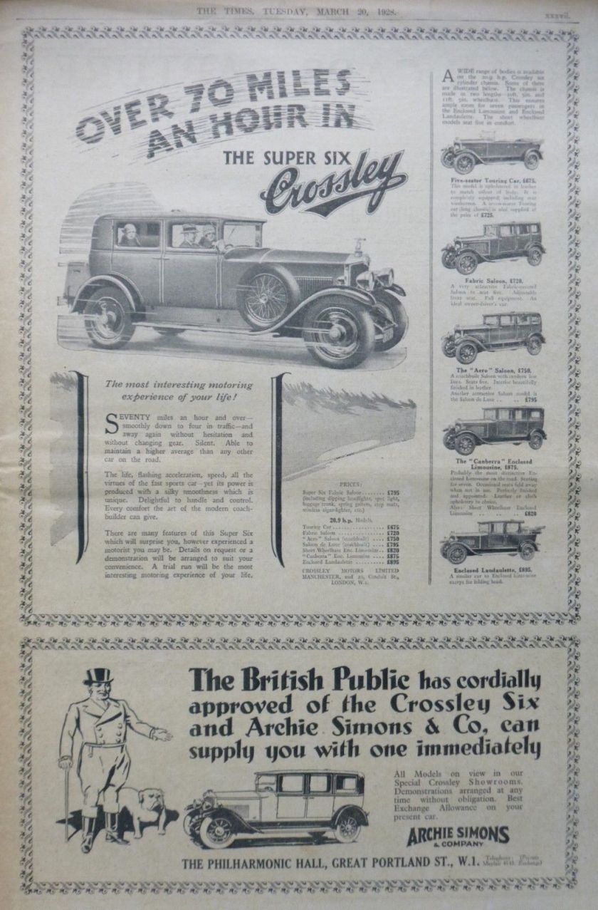 1928 March - CROSSLEY - BEAN - R.A.C. -SIMONS BRITISH MOTOR CAR LONDON TIMESa