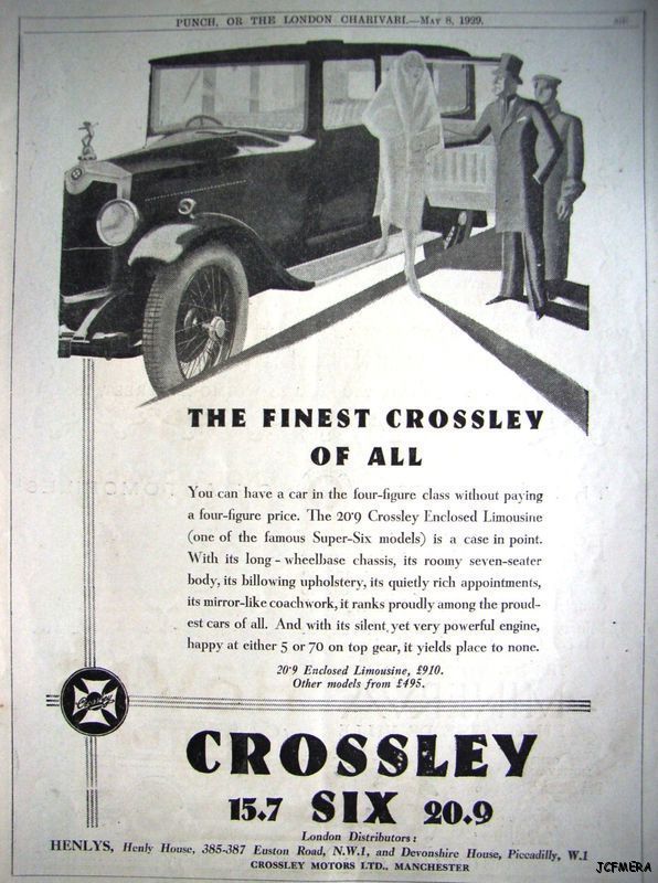1929 CROSSLEY 'Six' Limousine Auto AD - Vintage Art Deco Car ADVERT
