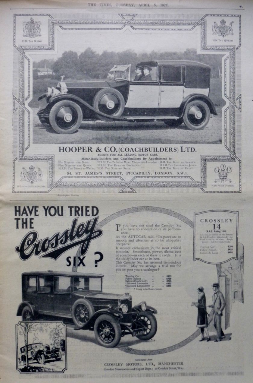 4-1927 April - ROLLS ROYCE CROSSLEY VAUXHALL BRITISH MOTOR CAR - LONDON TIMES