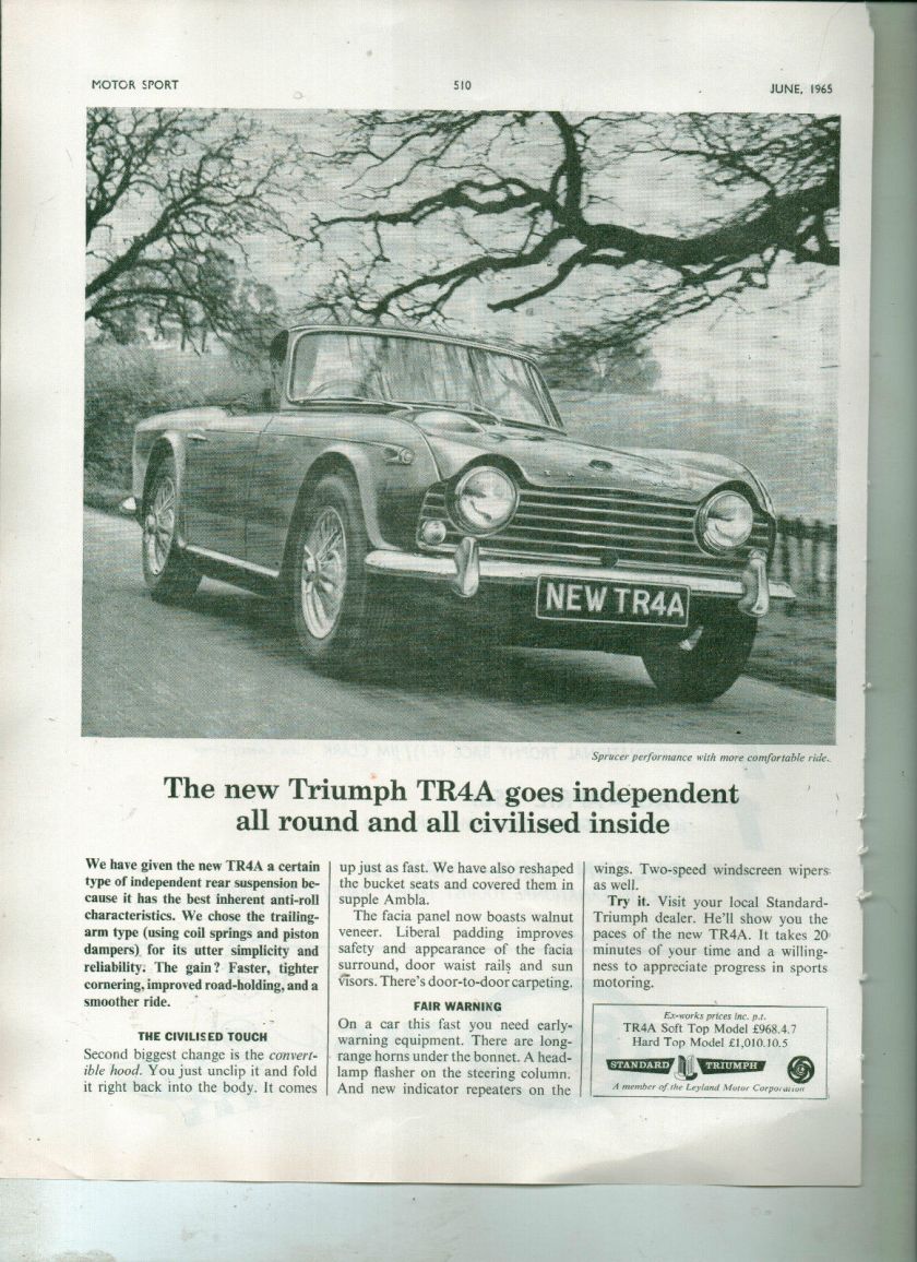 1965 VINTAGE TRIUMPH TR4A CAR ADVERT MAGAZINE