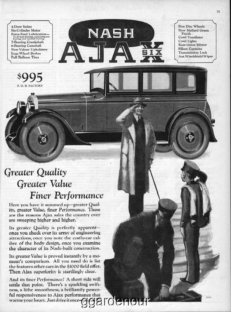 1926 Nash Ajax Six Sedan Motor Car Company Kenosha Wisconsin Salute Art Ad