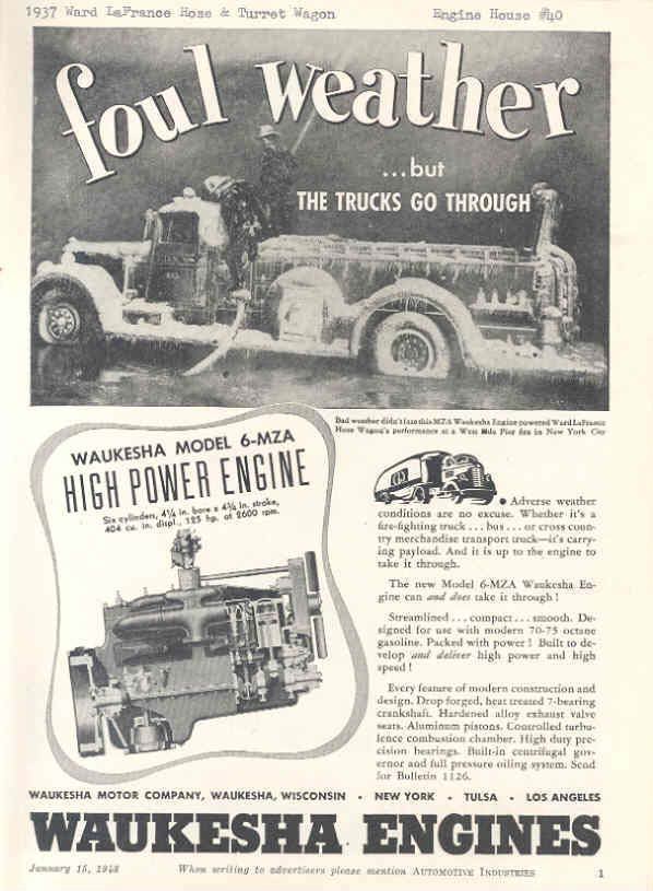 1937 Ward Lafrance FDNY Fire Truck Ad Waukesha engines
