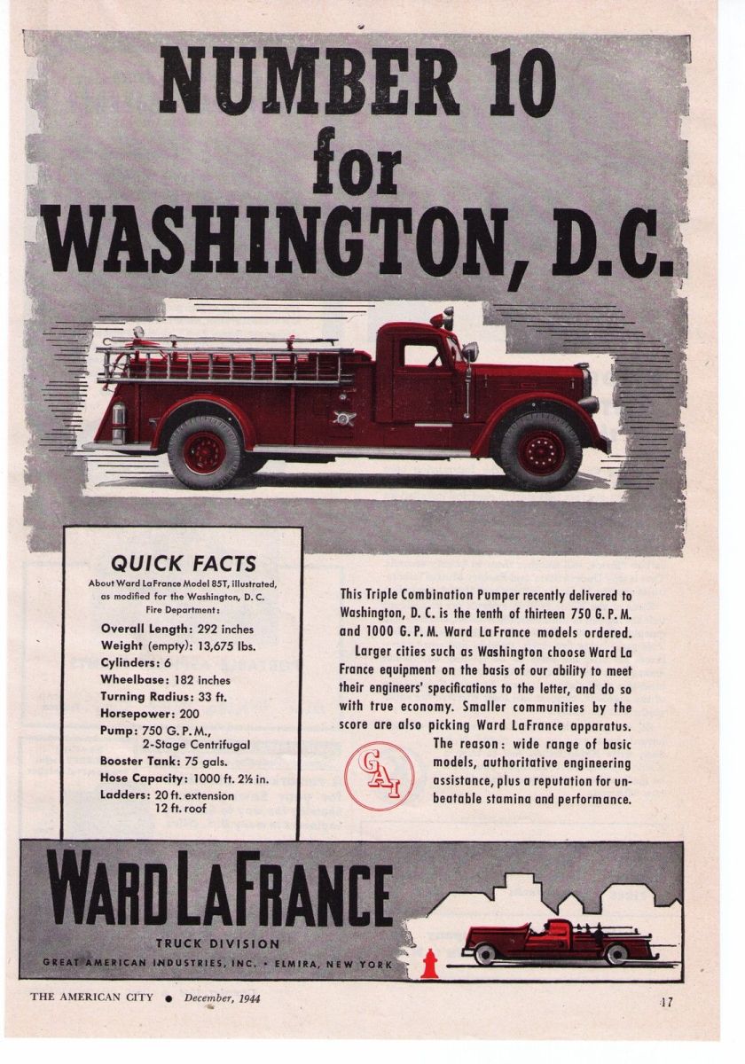 1944 Vintage Ward LaFrance 'Washington, D.C.' Fire Truck Print Advertisement