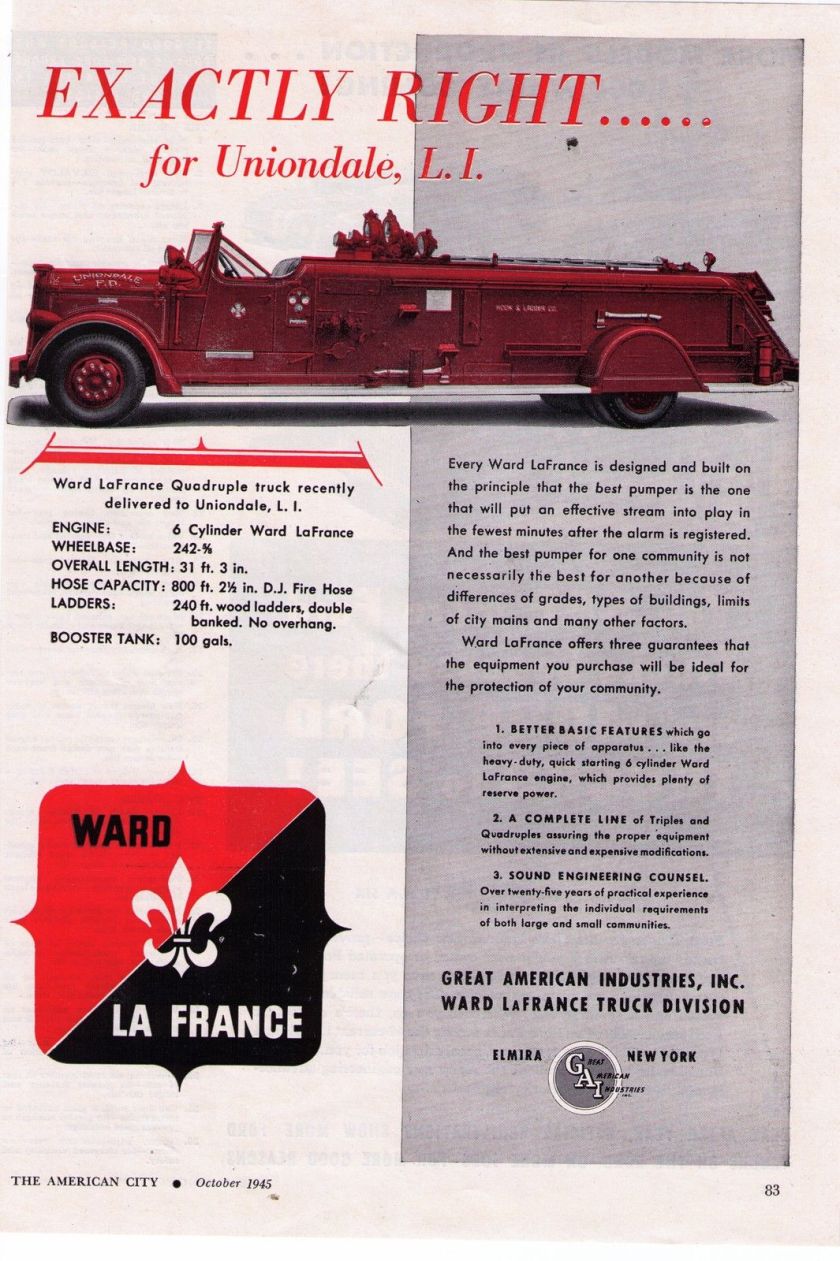 1945 Vintage Ward LaFrance 'Uniondale, L.I.' Fire Truck Print Advertisement