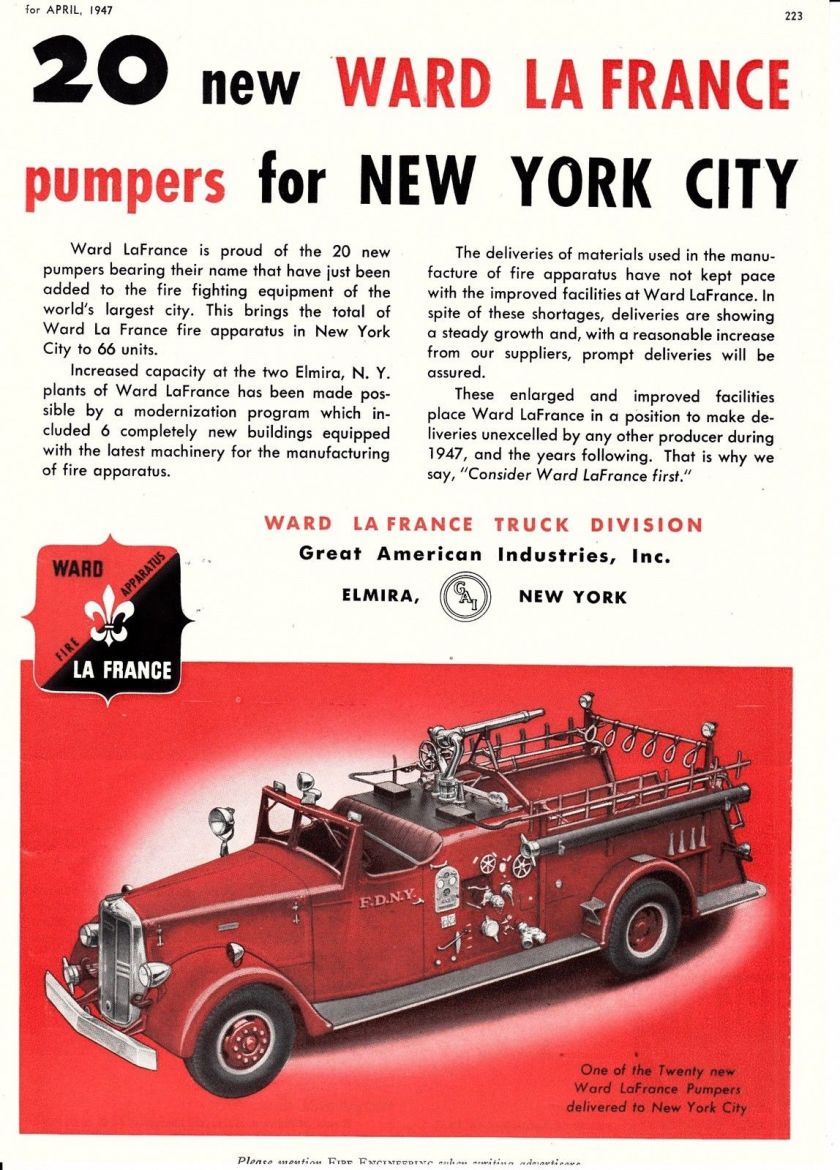 1947 FDNY GET 20 wARD LaFRANCE PUMPERS AD