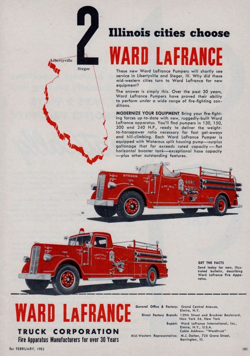 1953 ILLINOIS CITIES CHOOSE WARD LaFRANCE FIRE ENGINES AD