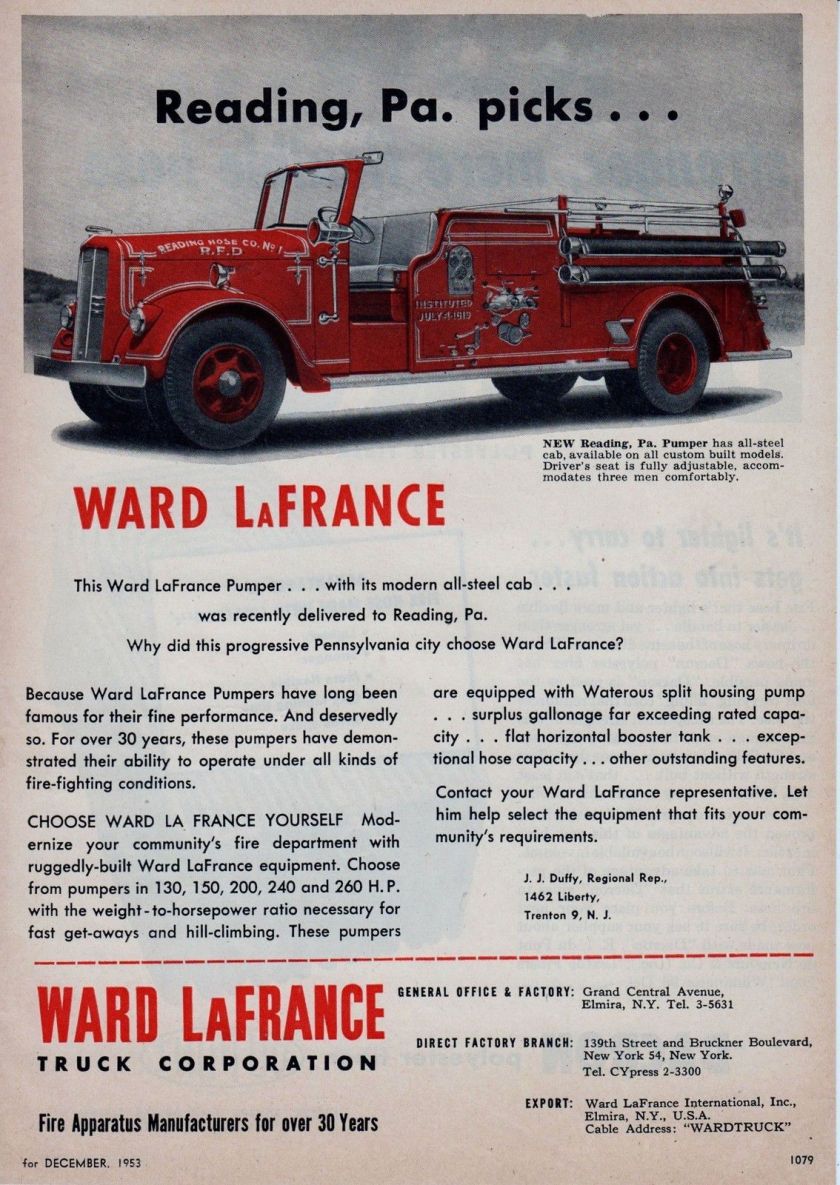 1953 WARD LaFRANCE FIRE ENGINE AD