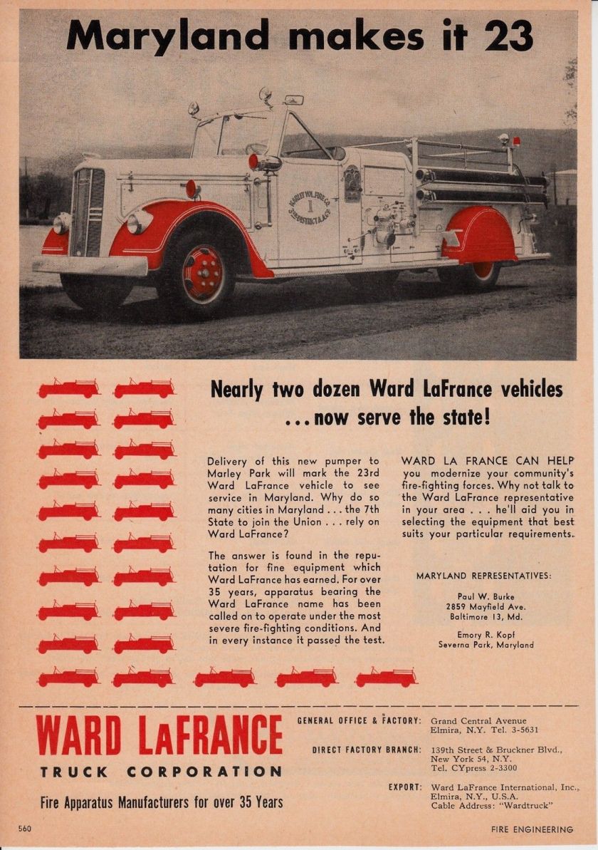 1954 MARLEY PARK MD HAS A WARD LaFRANCE FIRE ENGINE 1954 AD