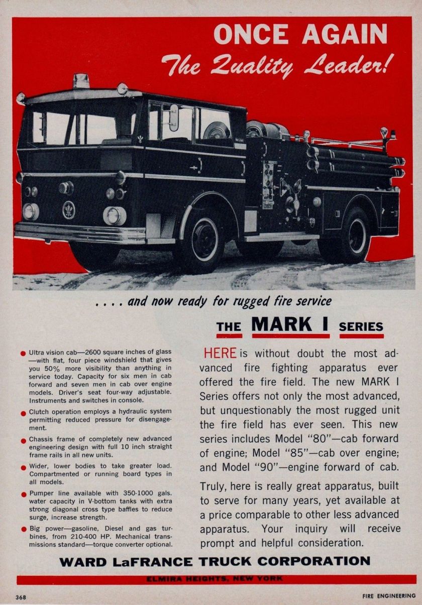 1962 WARD LaFRANCE MARK 1 SERIES FIRE ENGINES AD