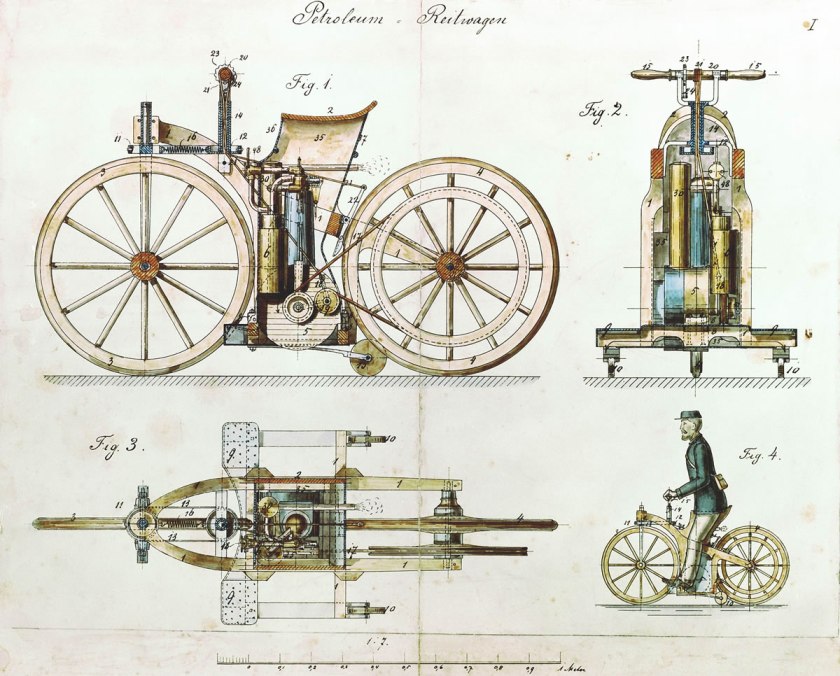 1885 Daimler Reitwagen color drawing DE patent 36423