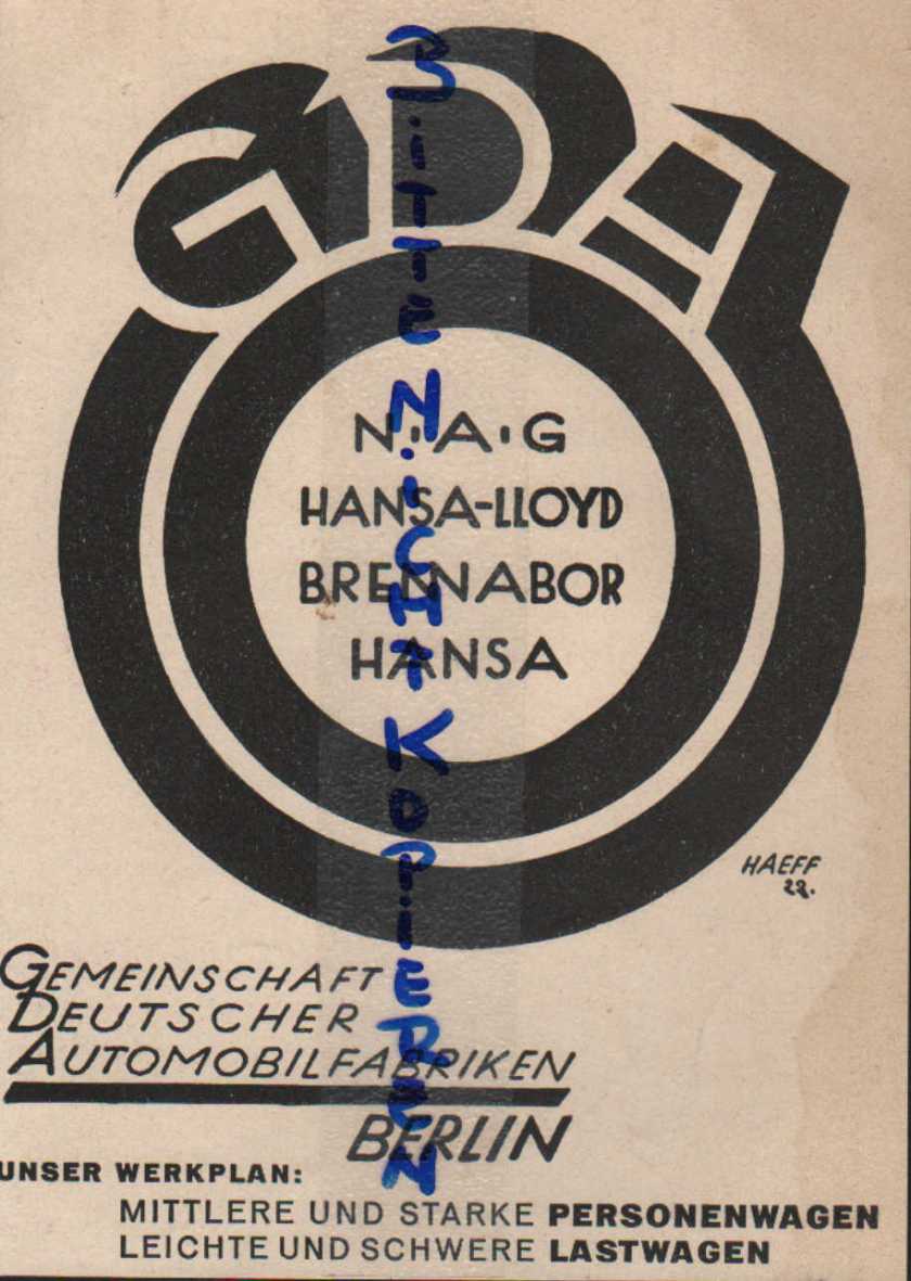 1924 BERLIN, Werbung  Anzeige 1924, GDA NAG Hansa-Lloyd Brennabor Hansa Automobil