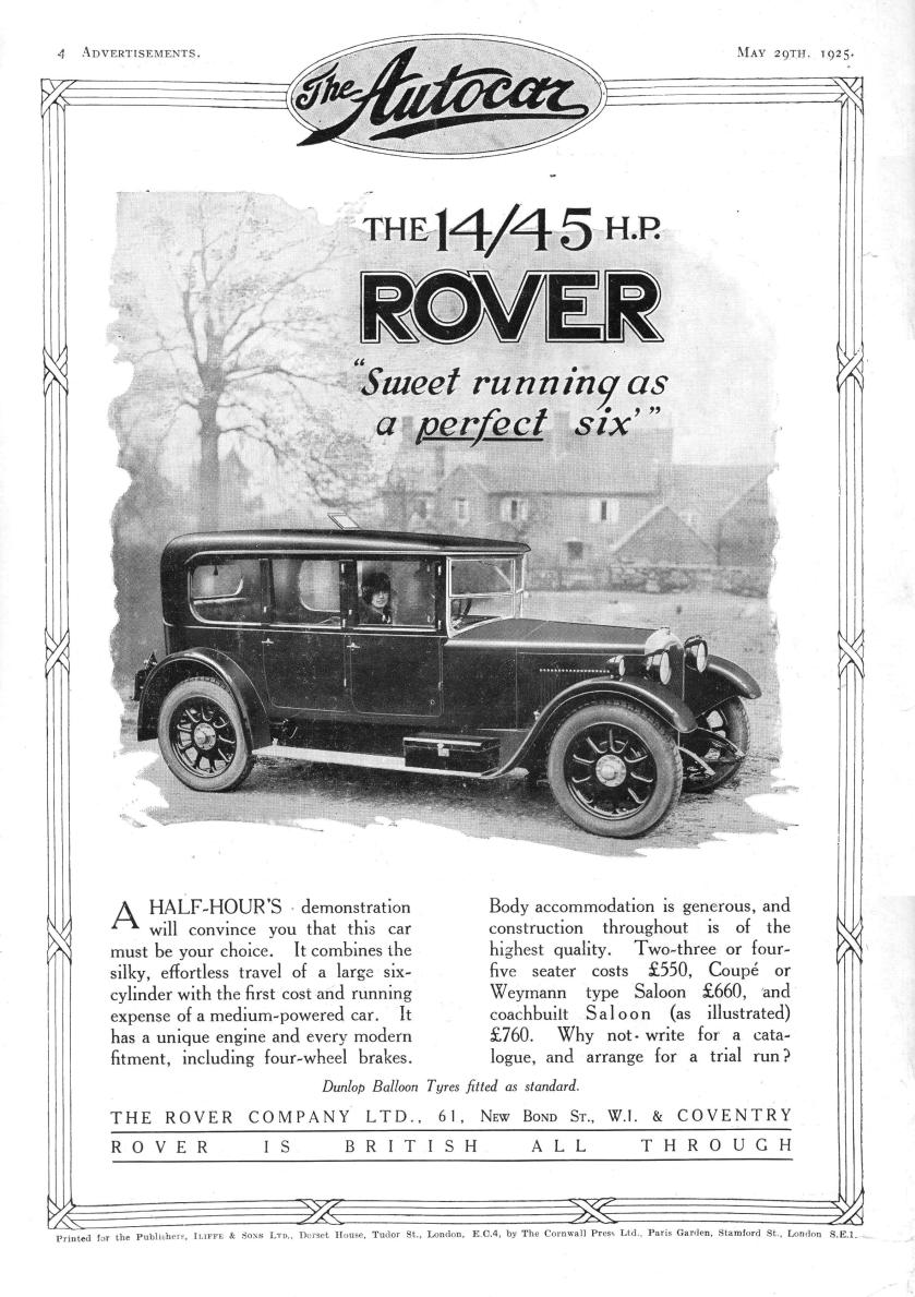 1925 Rover 14-45 Motor Car Autocar Advert