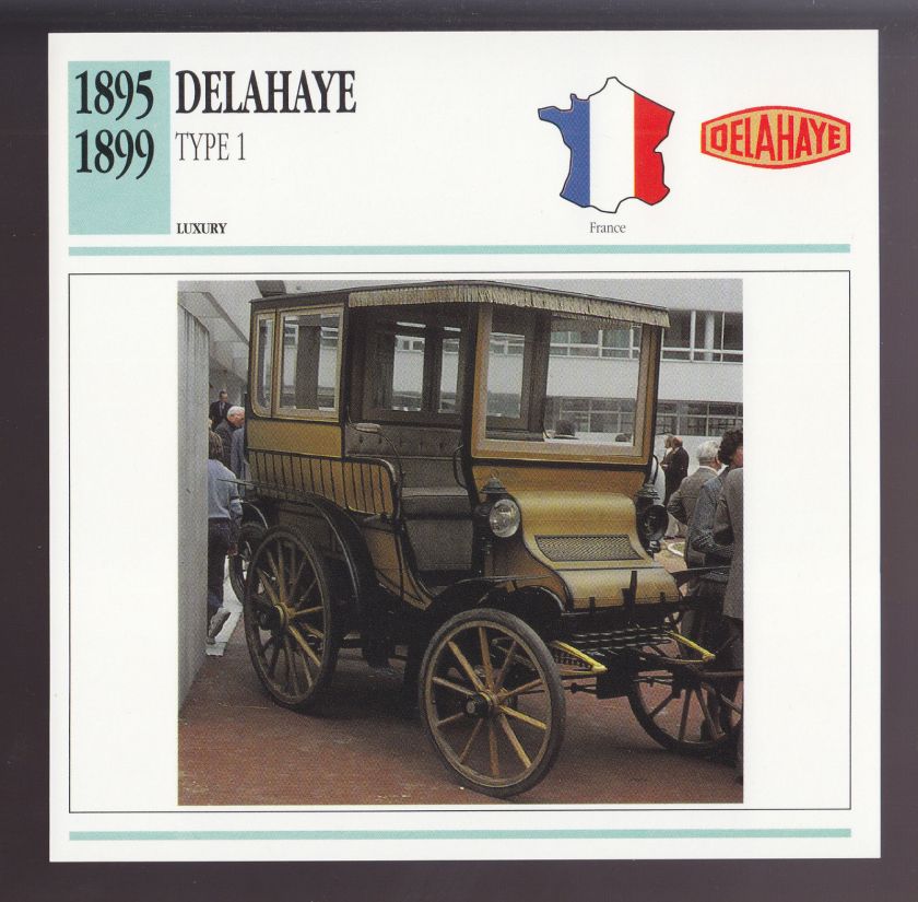 1895-1899 Delahaye Type 1 France Car Photo Spec Sheet Info CARD 1896 1897 1898