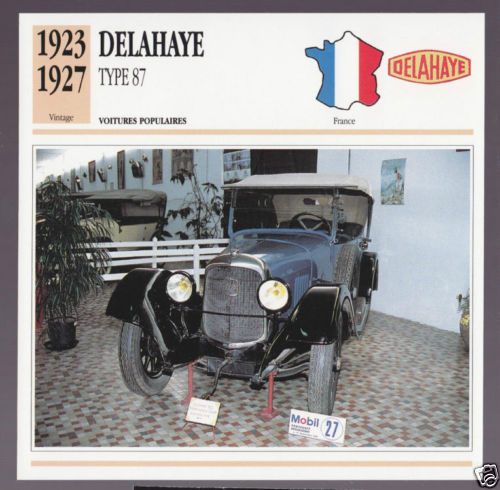 1923-1927 Delahaye Type 87 10hp Car Photo Spec Sheet Info Stat French Atlas Card