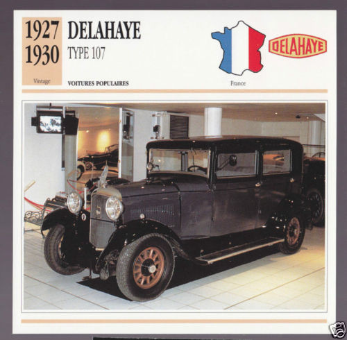 1927-1930 Delahaye Type 107 Car Photo Spec Sheet Info Stat French Card 1928 1929