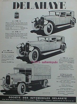 1927 PUBLICITE AUTOMOBILE DELAHAYE 10 CV 12 CV SPORT 16 CV CAMION DE 1927 FRENCH AD
