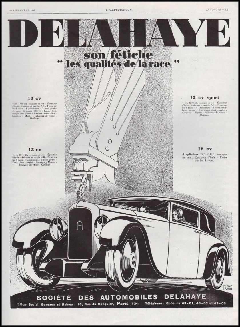 1928 Publicité Automobile Delahaye Mascot car Mascotte vintage print ad 1928