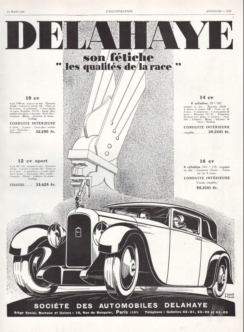 1929 Publicité Automobile Delahaye mascotte mascot car vintage print ad 1929