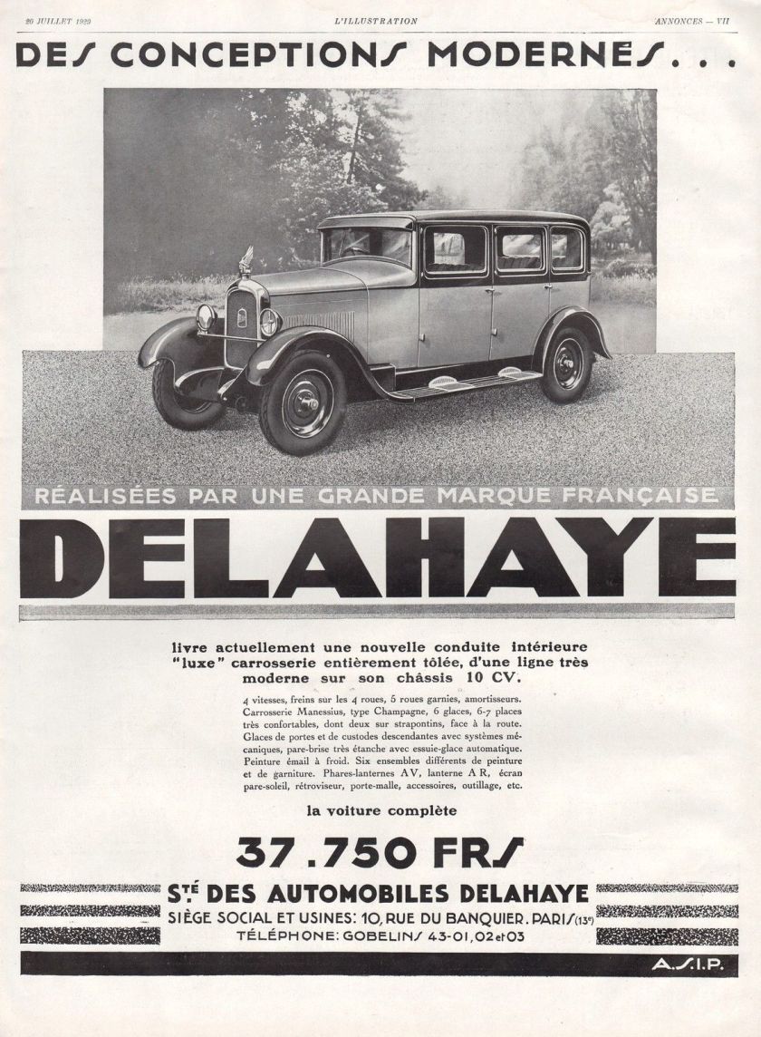 1929 PUBLICITE AUTOMOBILE DELAHAYE CAR AD 1929